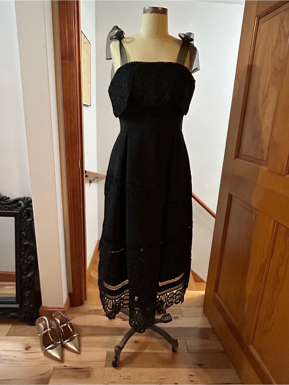 Self-Portrait Guipure Ponte Lace Paneled Midi Dress with Organza Tie Straps
